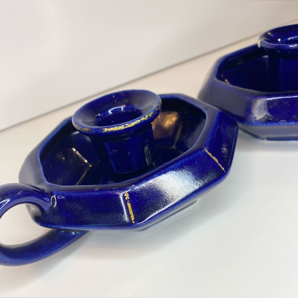 Vintage Brass Cloisonné Match Holder & Candle Holders Colbolt Blue Taper Candle - Picture 7 of 14